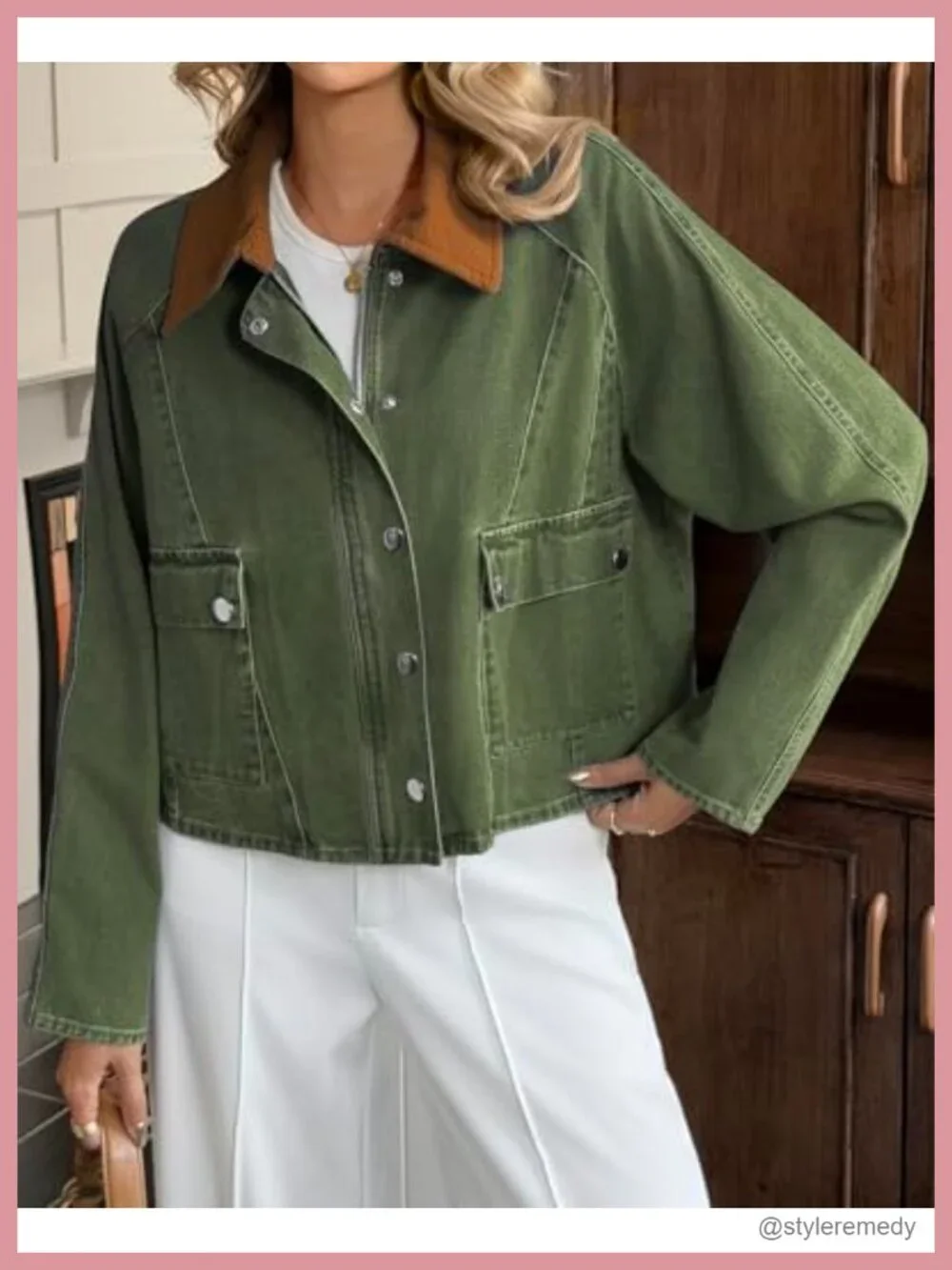 Cropped Denim Jacket Women's Button Down Corduroy Collar Loose Fit Cotton Blend